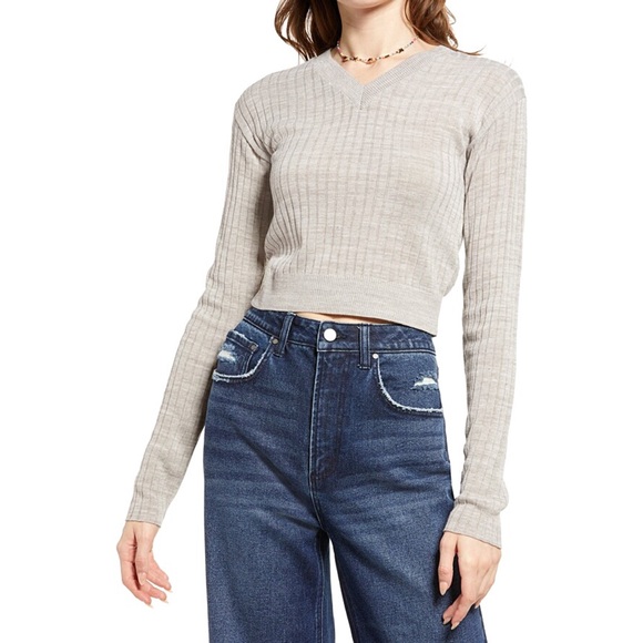 BP Reagan Rib Crop V Neck Long Sleeve Ribbed Knit Sweater Grey Heather - Picture 3 of 3